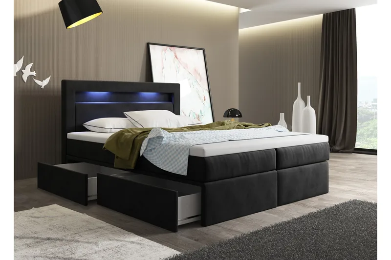 Oscar Kontinentalseng 140x200 cm med Sengegavl + Overmadrass med Fasthetsgrad Medium, Svart