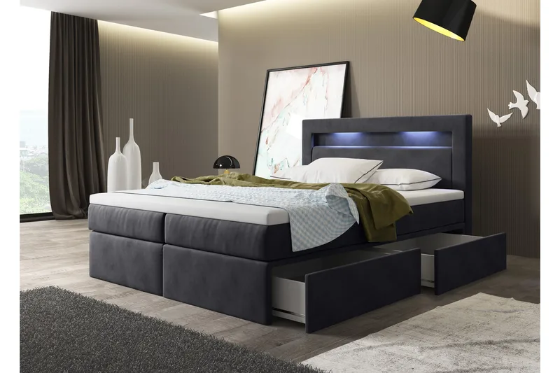 Oscar Kontinentalseng 180x200 cm med Sengegavl + Overmadrass med Fasthetsgrad Medium, Antrasitt