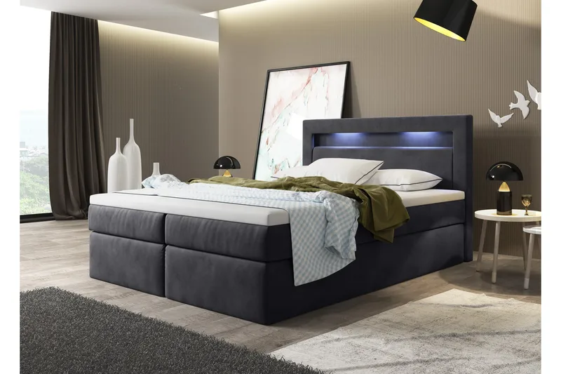 Oscar Sengepakke – Kontinentalseng 180x200 cm i Fløyel med Sengegavl + Overmadrass, Antrasitt