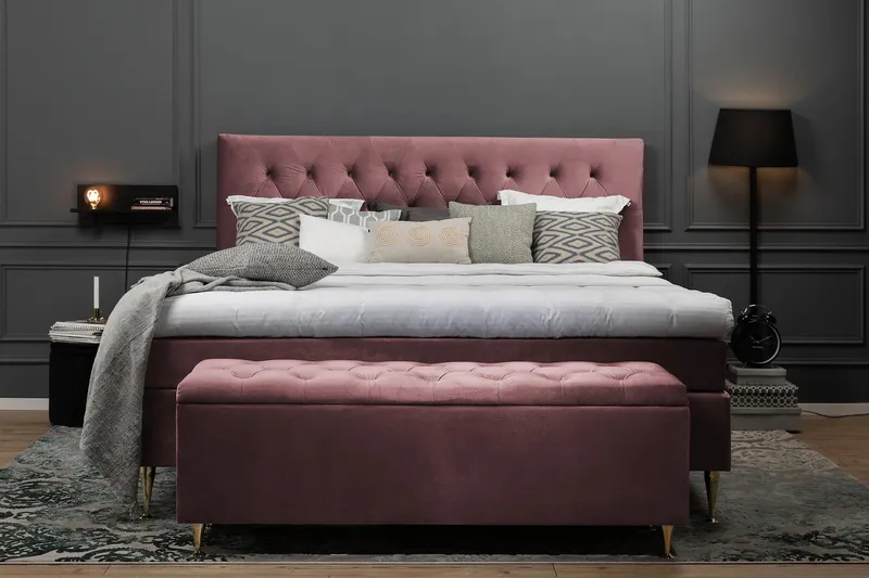 Royal Velvet Komplett Sengepakke 180x200 cm - Rosa Fløyel/Lave Svarte Ben - Møbler - Senger - Kontinentalsenger