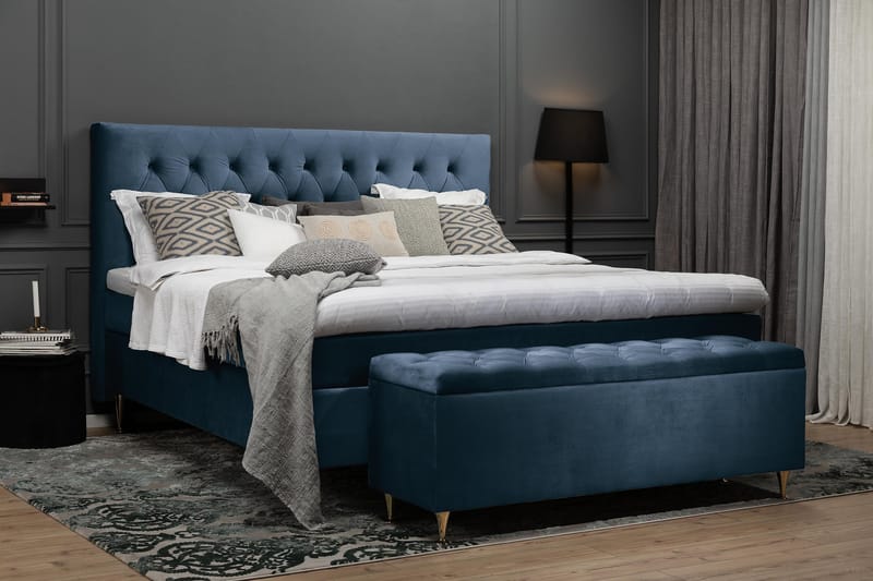 Royal Velvet Komplett Sengepakke 180x200 - Mørkeblå Fløyel/Dreide Ben - Komplett sengepakke - Kontinentalsenger - Dobbeltsenger