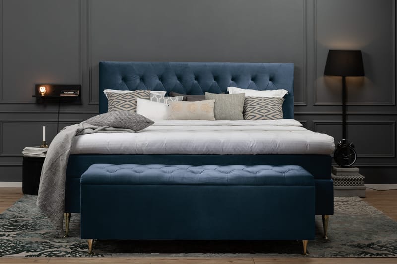 Royal Velvet Kontinentalseng 160x200 cm - Mørkeblå Fløyel/Dreide Ben - Møbler - Senger - Kontinentalsenger