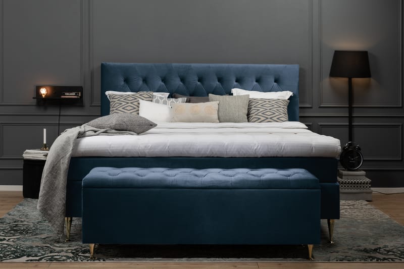 Royal Velvet Kontinentalseng 180x200 cm - Mørkeblå Fløyel/Lave Gullben - Møbler - Senger - Komplett sengepakke