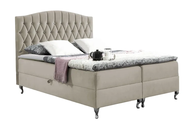 Sengepakke – Kontinentalseng 120x200 cm med Oppbevaring og Sengegavl + Overmadrass, Beige