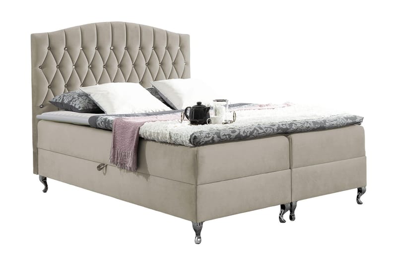 Sengepakke – Kontinentalseng 140x200 cm med Sengegavl + Overmadrass med Fasthetsgrad Medium, Beige