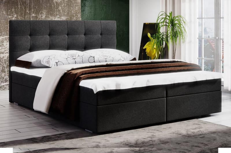 Stephanie Sengepakke 160x200 Rutemønstret Gavl - Mørkegrå - Komplett sengepakke - Kontinentalsenger - Dobbeltsenger