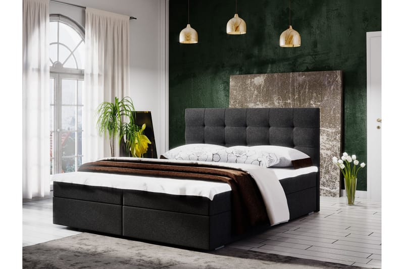 Stephanie Sengepakke 180x200 Rutemønstrete Gavl - Mørkegrå - Komplett sengepakke - Kontinentalsenger - Dobbeltsenger