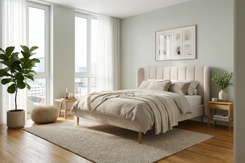 Nattlys sengeramme 160x200 cm eik med HVILA pocketfjærmadrass og overmadrass i lateks med vaskbart trekk - Beige - Møbler - Senger - Sengeramme & sengestamme
