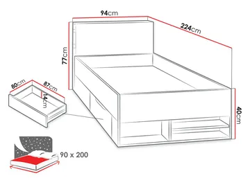 Planeta Sengeramme 90x200 cm i Tre med Sengegavl og Hjul - Svart|Natur - Møbler - Senger - Sengeramme & sengestamme