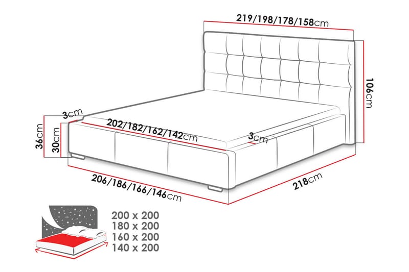 Dolores Seng 218x198x106 cm - Svart / Hvit - Komplett sengepakke - Dobbeltsenger - Rammeseng