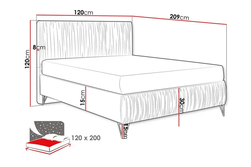 Gortin Sengepakke – Seng 120x200 cm i Fløyel med Sengegavl + Overmadrass - Terrakotta - Møbler - Senger - Komplett sengepakke