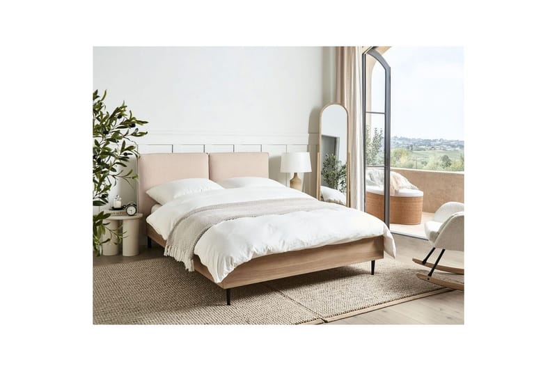 Seng med lamellramme Limanton - Beige, lyst tre, svart/bouclé, Beige, lyst tre, svart/Bouclé, 140x200 cm - Møbler - Senger - Sengeramme & sengestamme