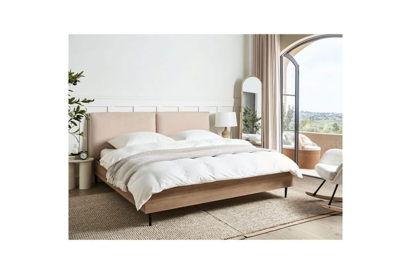 Seng med lamellramme Limanton - Beige, lyst tre, svart/bouclé, Beige, lyst tre, svart/Bouclé, 180x200 cm - Møbler - Senger - Sengeramme & sengestamme