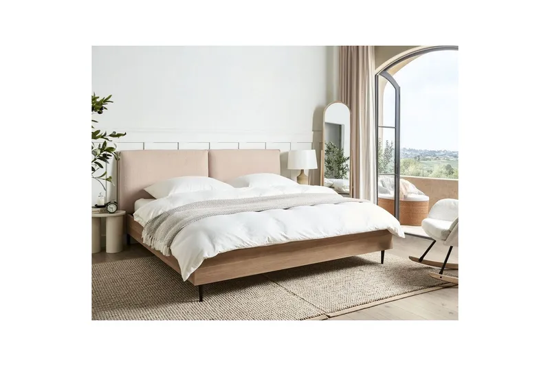 Seng med lamellramme Limanton - Beige, lyst tre, svart/bouclé, Beige, lyst tre, svart/Bouclé, 180x200 cm - Møbler - Senger - Sengeramme & sengestamme