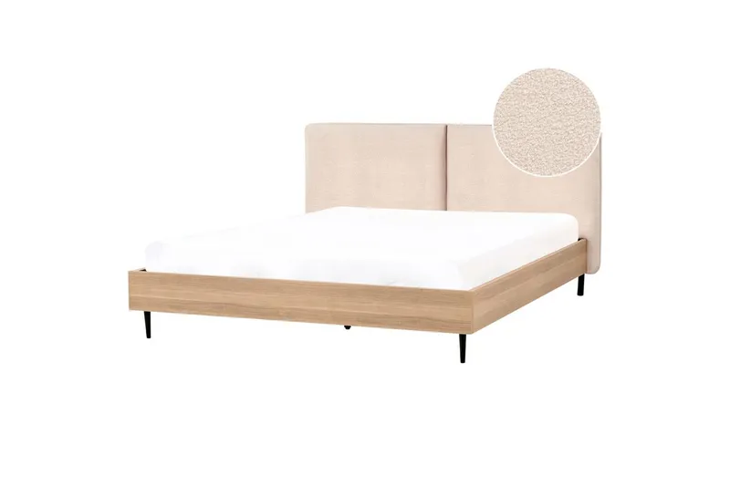 Seng med lamellramme Limanton - Beige, lyst tre, svart/bouclé, Beige, lyst tre, svart/Bouclé, 180x200 cm - Møbler - Senger - Sengeramme & sengestamme