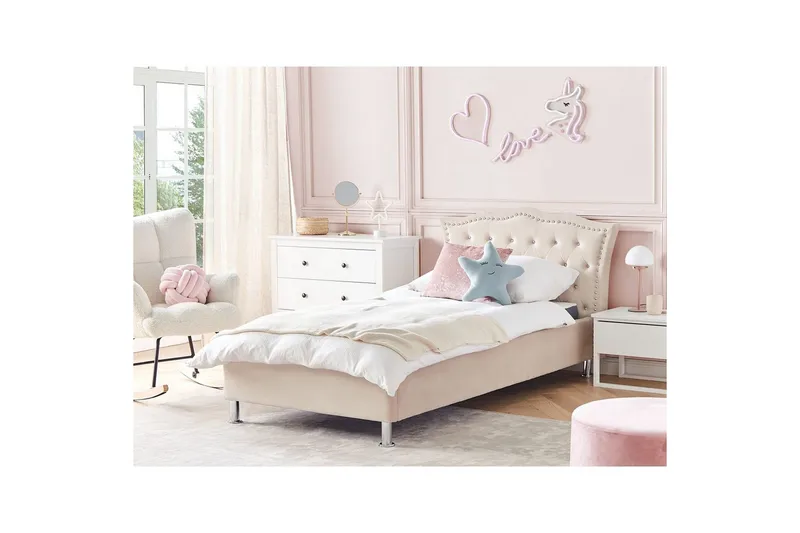 Seng med lamellramme Metz - Beige, Sølv/Fløyel, 90x200 cm - Møbler - Senger - Sengeramme & sengestamme