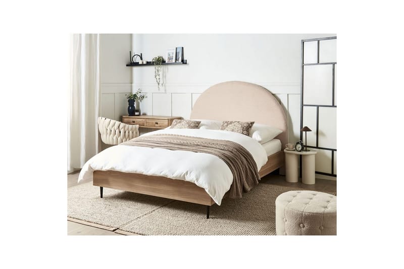 Seng med lamellramme Millay - Beige, lyst tre, svart/bouclé, Beige, lyst tre, svart/Bouclé, 140x200 cm - Møbler - Senger - Sengeramme & sengestamme