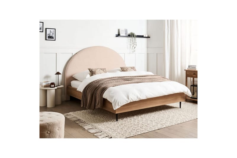 Seng med lamellramme Millay - Beige, lyst tre, svart/bouclé, Beige, lyst tre, svart/Bouclé, 160x200 cm - Møbler - Senger - Sengeramme & sengestamme