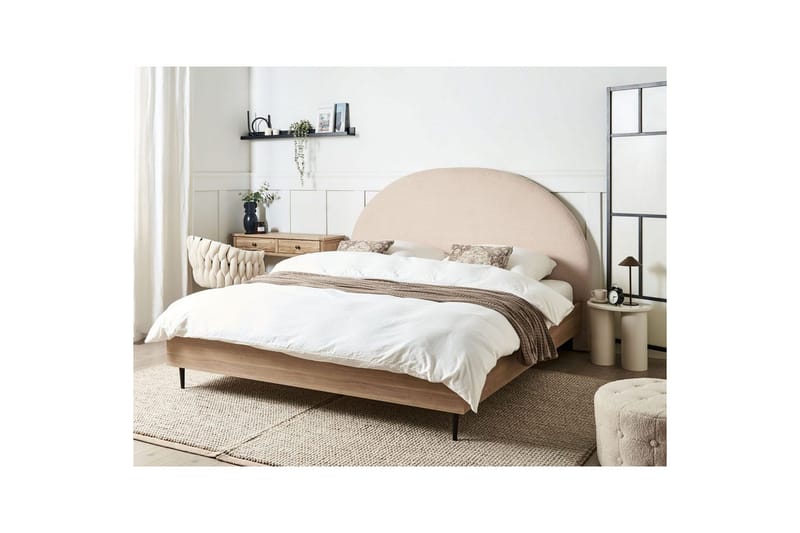 Seng med lamellramme Millay - Beige, lyst tre, svart/bouclé, Beige, lyst tre, svart/Bouclé, 180x200 cm - Møbler - Senger - Sengeramme & sengestamme