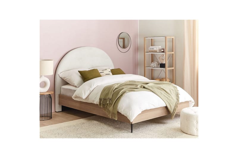 Seng med lamellramme Millay - Hvit, lyst tre, svart/Polyester, Hvit, lyst treverk, svart/polyester, 140x200 cm - Møbler - Senger - Sengeramme & sengestamme