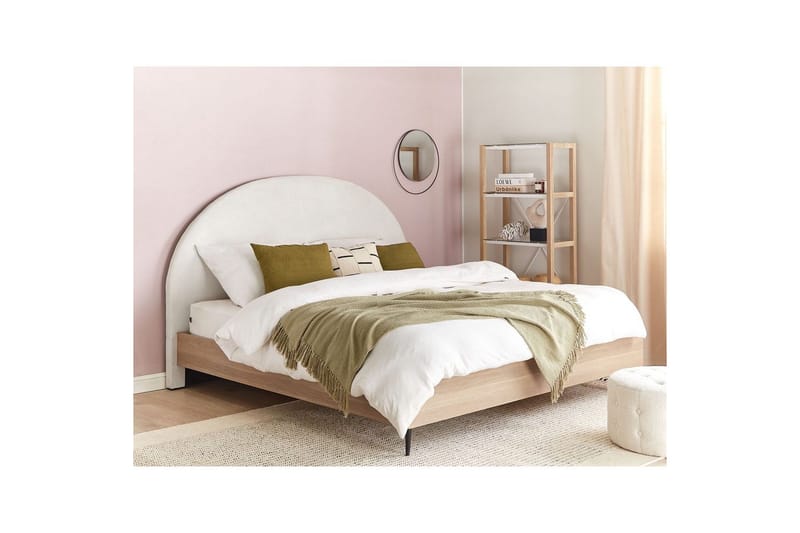 Seng med lamellramme Millay - Hvit, lyst tre, svart/Polyester, Hvit, lyst treverk, svart/polyester, 160x200 cm - Møbler - Senger - Sengeramme & sengestamme