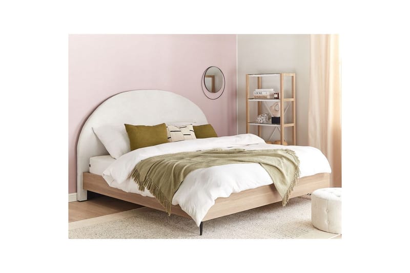 Seng med lamellramme Millay - Hvit, lyst tre, svart/Polyester, Hvit, lyst treverk, svart/polyester, 180x200 cm - Møbler - Senger - Sengeramme & sengestamme