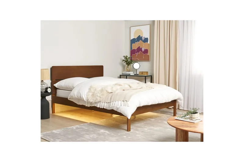 Seng med LED-belysning Boisset - Brun/Gummitre, 140x200 cm - Møbler - Senger - Sengeramme & sengestamme