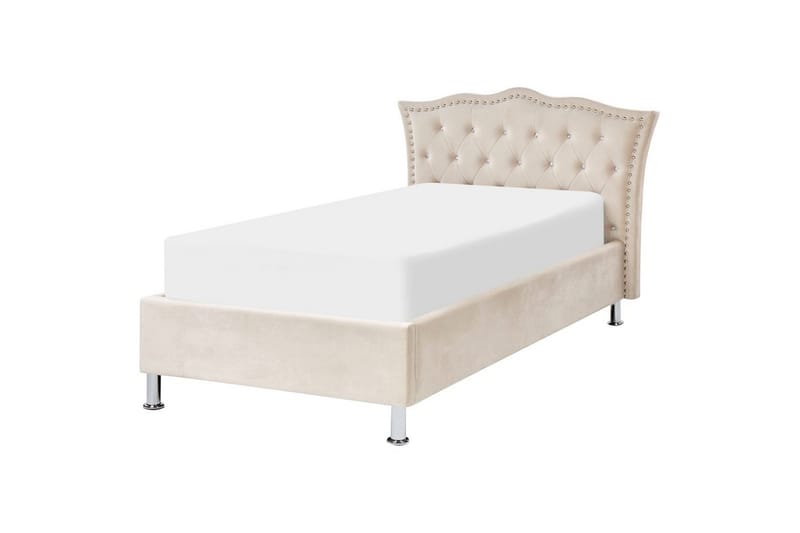 Seng med oppbevaring Metz - Beige, Sølv/Fløyel, 90x200 cm - Møbler - Senger - Sengeramme & sengestamme