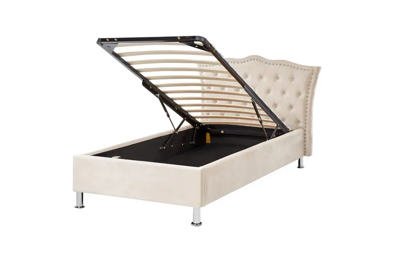 Seng med oppbevaring Metz, Beige, Sølv/Fløyel, 90x200 cm