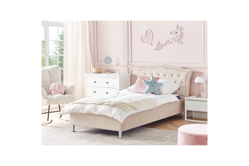 Seng med oppbevaring Metz - Beige, Sølv/Fløyel, 90x200 cm - Møbler - Senger - Sengeramme & sengestamme