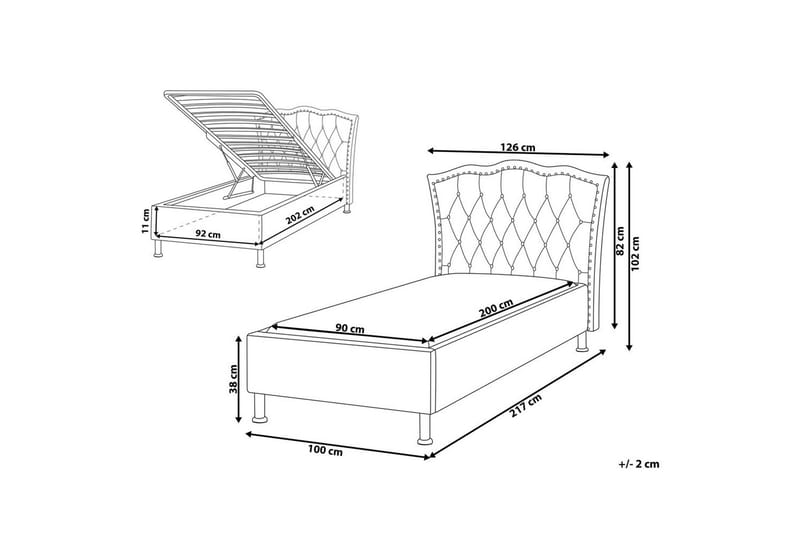 Seng med oppbevaring Metz - Beige, Sølv/Fløyel, 90x200 cm - Møbler - Senger - Sengeramme & sengestamme