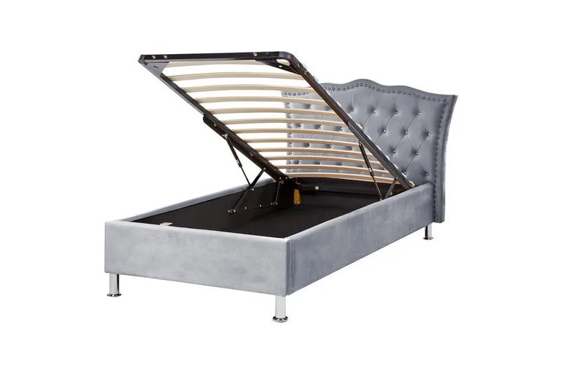 Seng med oppbevaring Metz, Grå, Sølv/Fløyel, 90x200 cm