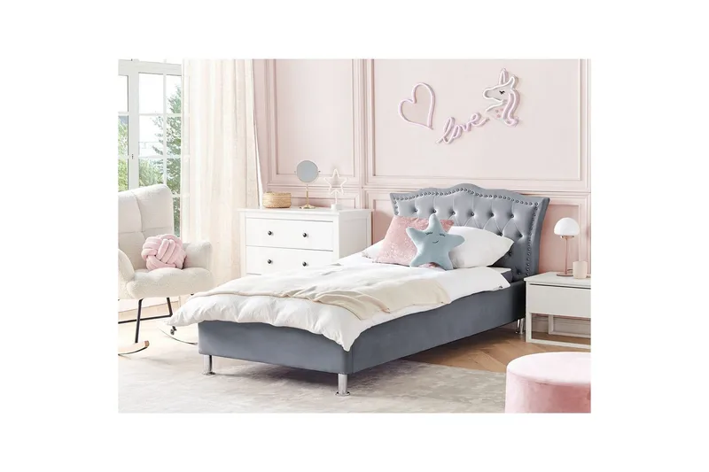 Seng med oppbevaring Metz - Grå, Sølv/Fløyel, 90x200 cm - Møbler - Senger - Sengeramme & sengestamme