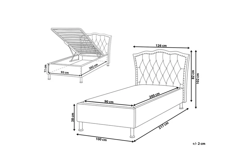 Seng med oppbevaring Metz - Grå, Sølv/Fløyel, 90x200 cm - Møbler - Senger - Sengeramme & sengestamme