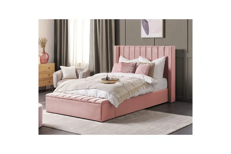 Seng med oppbevaringsbenk Noyers - Rosa, 140x200 cm - Møbler - Senger - Sengeramme & sengestamme