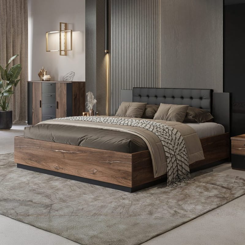 Seng Sigma - 140 cm, Mørk Flagstaff eik med kobberfarget ornament - Møbler - Senger - Sengeramme & sengestamme