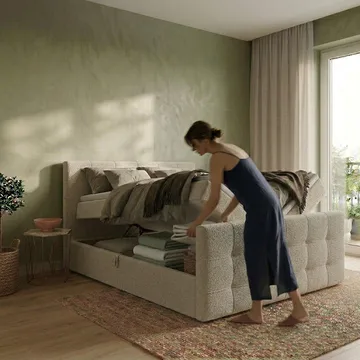 Sengepakke kontinentalseng Elvros 160x200 cm med løfteoppbevaring - Kremet ecru / lys beige - Møbler - Senger - Kontinentalsenger