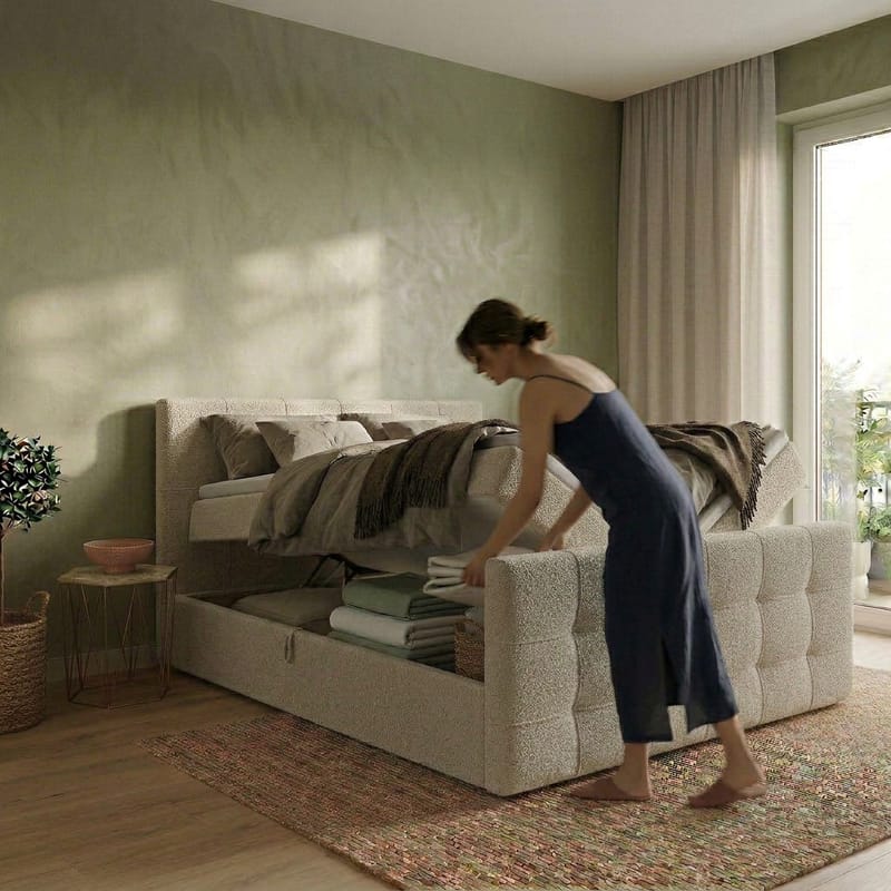 Sengepakke kontinentalseng Elvros 180x200 cm med løfteoppbevaring - Kremet ecru / lys beige - Møbler - Senger - Kontinentalsenger