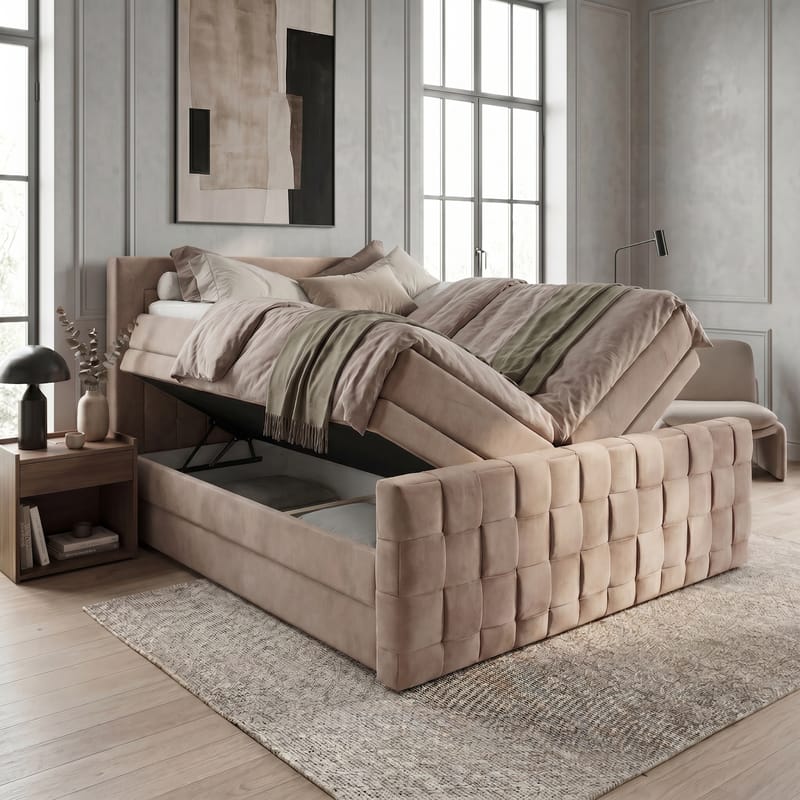Sengepakke kontinentalseng Ryven 160x200 cm med løfteoppbevaring - varm beige/latte - Møbler - Senger - Kontinentalsenger