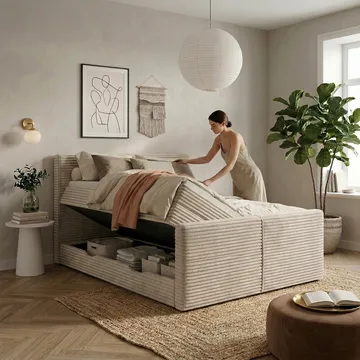 Sengepakke Kontinentalseng Sorvin 140x200 cm med oppbevaring med løftemekanisme - Krem / ecru / elfenben - Møbler - Senger - Kontinentalsenger