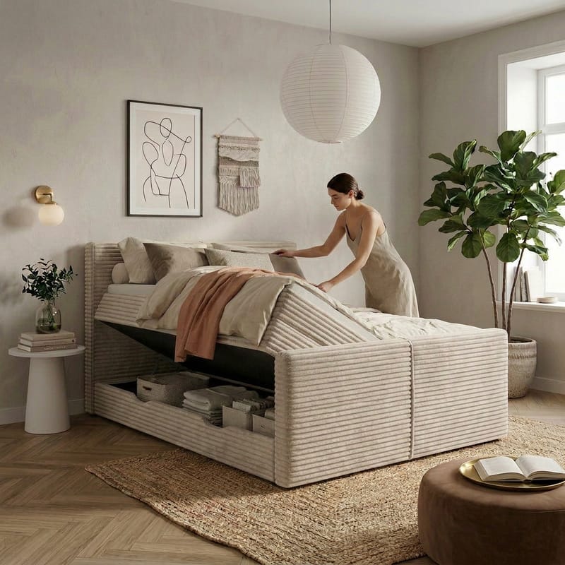 Sengepakke Kontinentalseng Sorvin 160x200 cm med oppbevaring med løftemekanisme - Krem/ecru/elfenben - Møbler - Senger - Kontinentalsenger