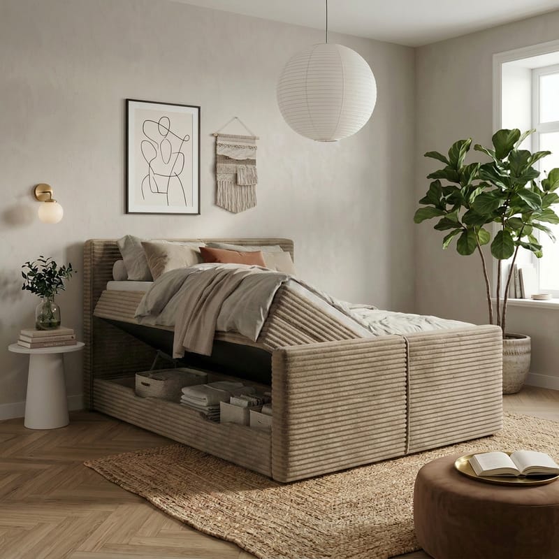 Sengepakke Kontinentalseng Sorvin 160x200 cm med oppbevaring med løftemekanisme - Varm beige - Møbler - Senger - Kontinentalsenger