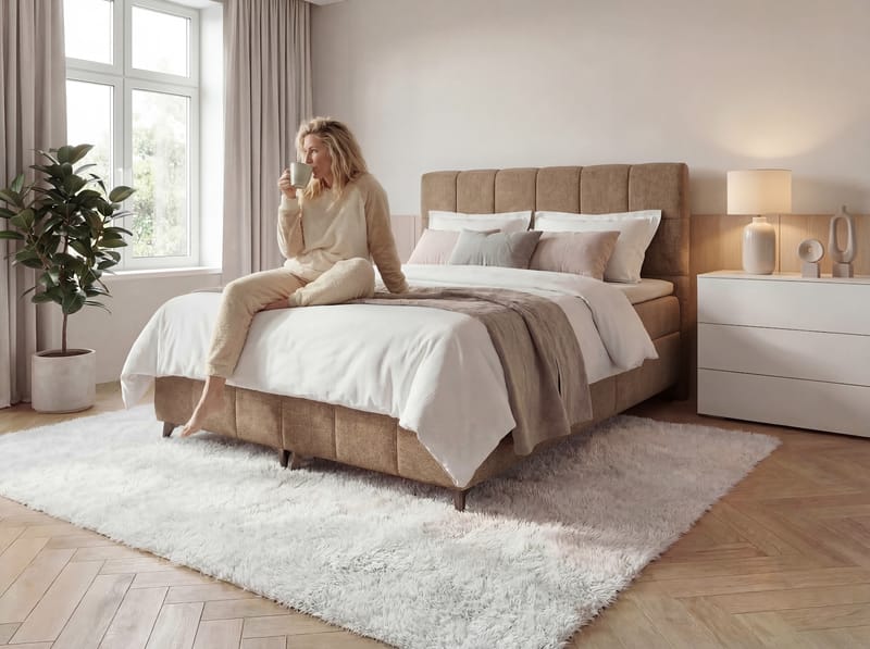 Sengepakke kontinentalseng Vyrosen 140x200 cm med løfteoppbevaring - beige - Møbler - Senger - Kontinentalsenger
