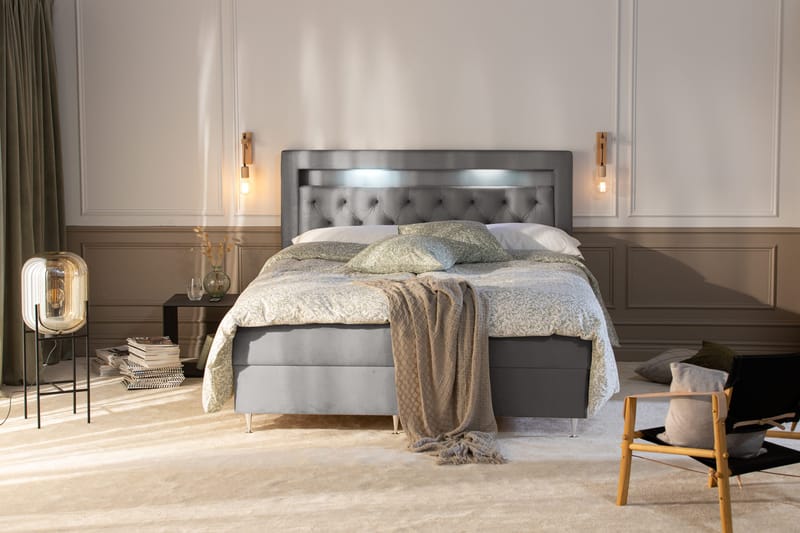 Alessia Komplett Sengpakke med Oppbevaring LED-belysning 180x200 cm - Grå / Lysgrå - Møbler - Senger - Seng med oppbevaring