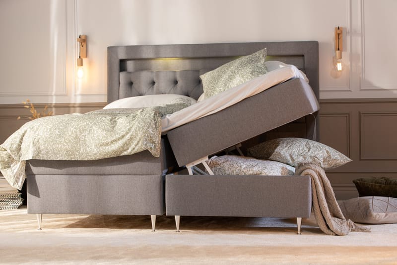 Alessia Oppbevaringsseng med LED-belysning 160x200 - Grå - Møbler - Senger - Seng med oppbevaring