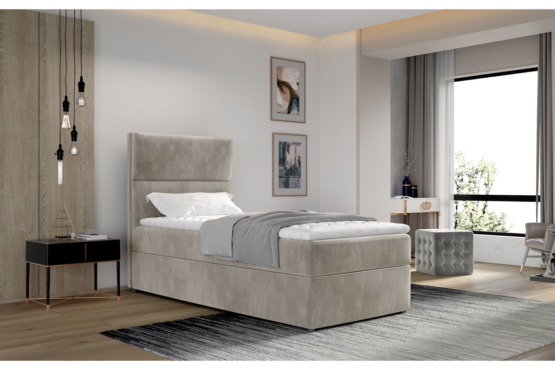 Arcore Oppbevaringsseng 90x200 cm Vertikal Søm - Beige - Møbler - Senger - Seng med oppbevaring