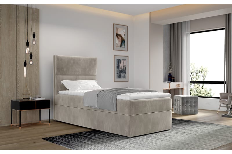 Arcore Oppbevaringsseng 90x200 cm Vertikal Søm - Beige - Møbler - Senger - Seng med oppbevaring