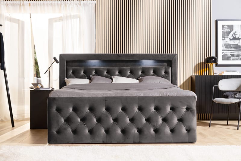 Francisco Komplett Sengpakke med løfteoppbevaring LED-belysning 180x200 - Mørkgrå - Møbler - Senger - Komplett sengepakke