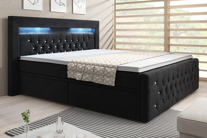 Franco Crystal Kontinentalseng 160x200 LED-belysning, Svart Fløyel