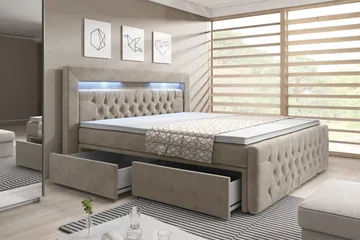 Franco Komplett Sengpakke med Oppbevaring LED-belysning 160x200 cm - Beige / Fløyel - Møbler - Senger - Komplett sengepakke